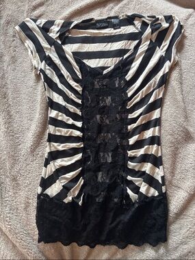 Black and Cream Striped Lace-Trim Women's Top